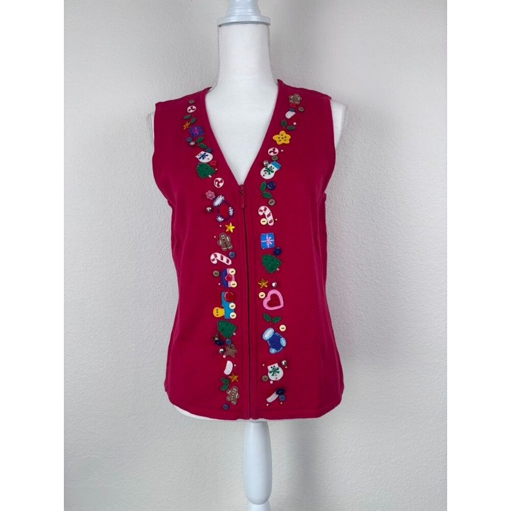 Vintage Designers originals Studio womens small red full zip christmas bell vest